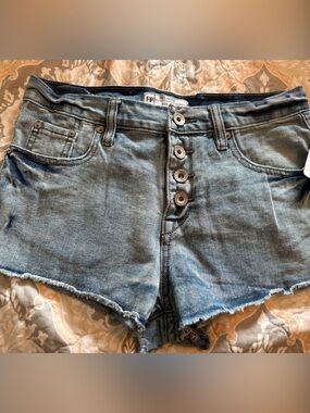 Free People Blue Button-Front Denim Cutoff Shorts